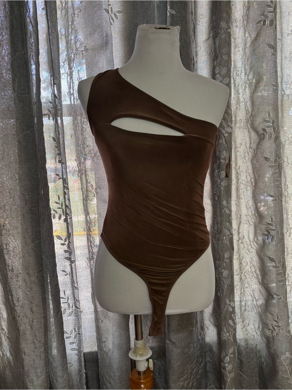 One-Shoulder Brown Cutout Bodysuit
